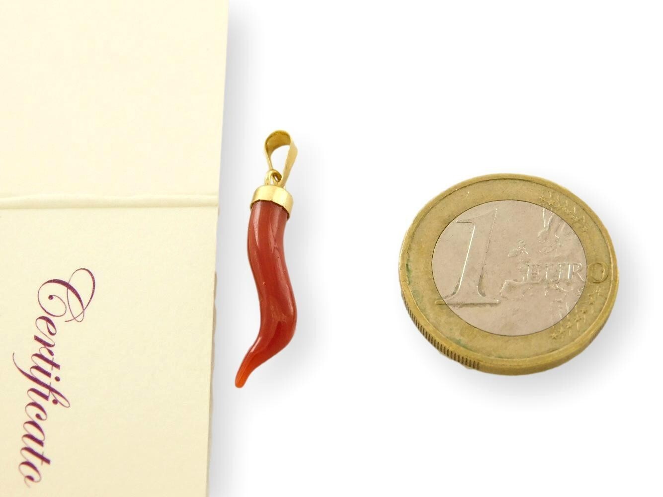 Pendant of Italy Horn in gold 18k 750 and Red Coral Gemstone Cornicello Italian