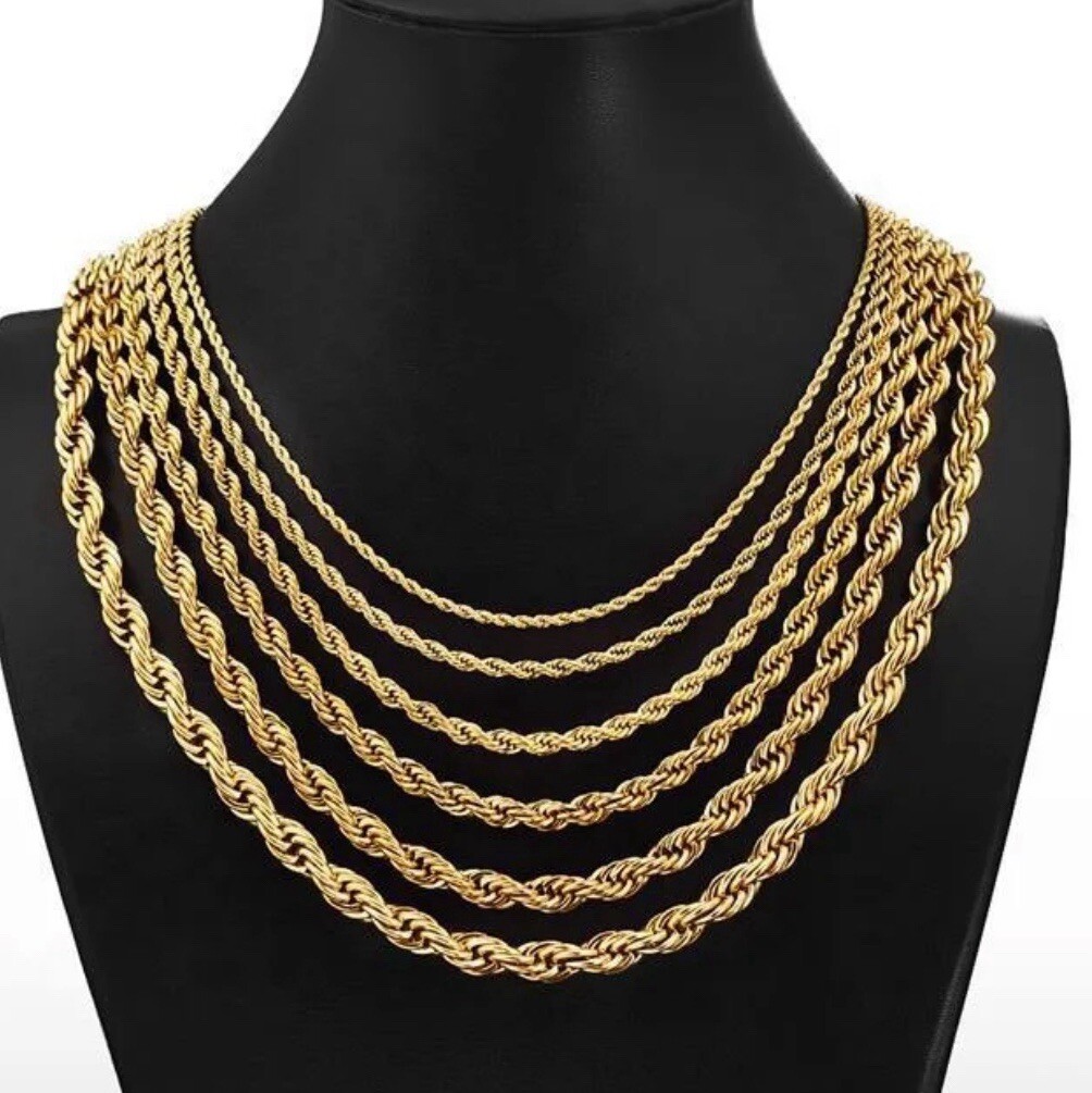 18k 18carat yellow gold plated Unisex rope Necklace all sizes Width=2 &3mm