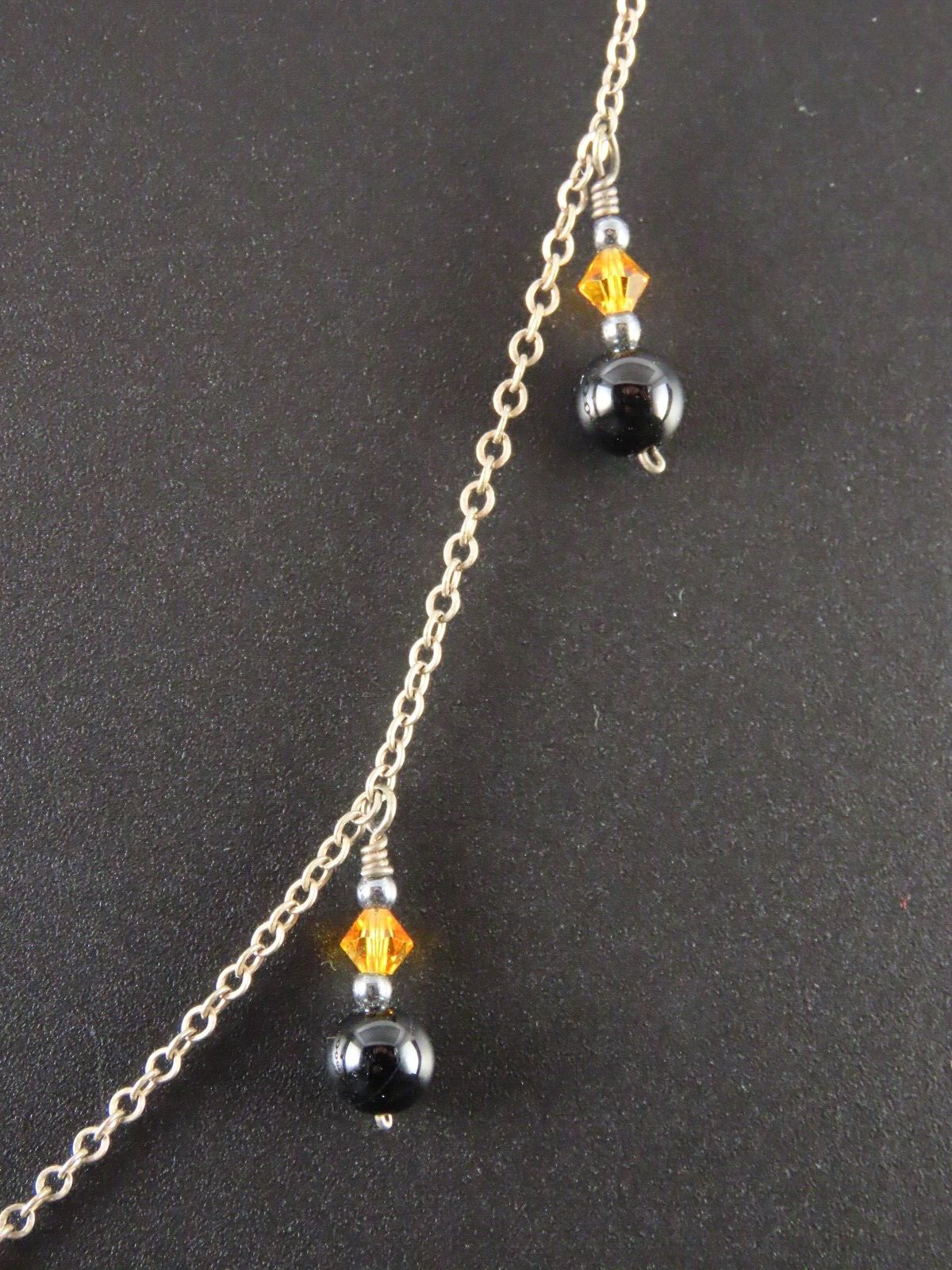 VTG STERLING SILVER Chain Necklace BEADED STATION DROPS Dangles BLACK ORANGE