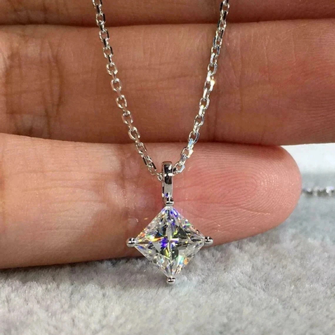 2Ct Princess Cut Lab Created Diamond Solitaire Pendant 14K White Gold Plated 18″