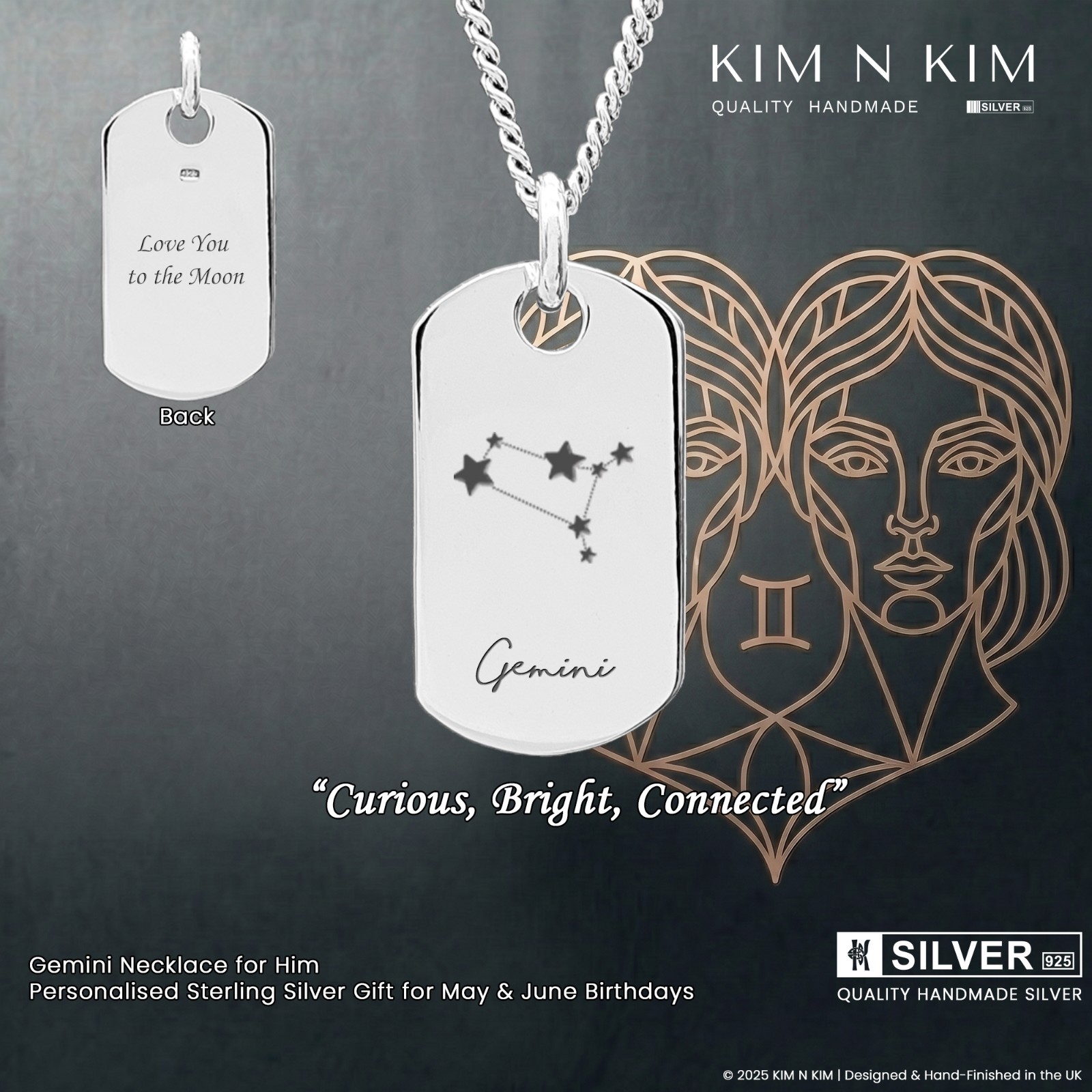 Gemini Necklace for Him – Personalised Sterling Silver Gift for May & June