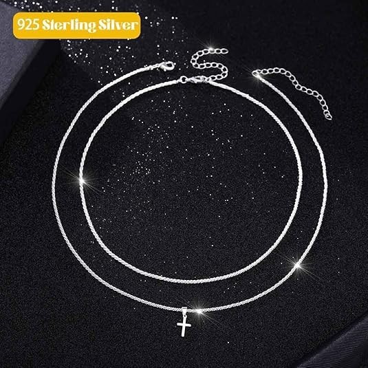 925 Sterling Silver Sparkly Necklace Layered Dainty Chain Necklace Silver Cross