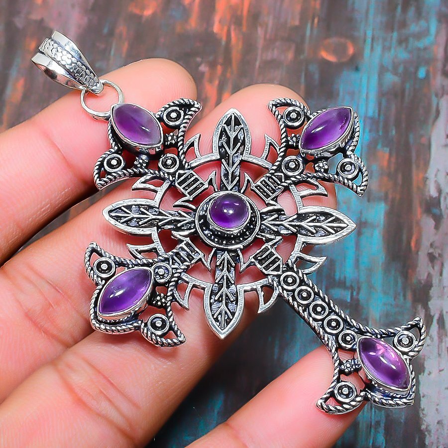 Cross Sage Amethyst Gemstone Handmade Gift Jewelry Pendant 3.35″ e624