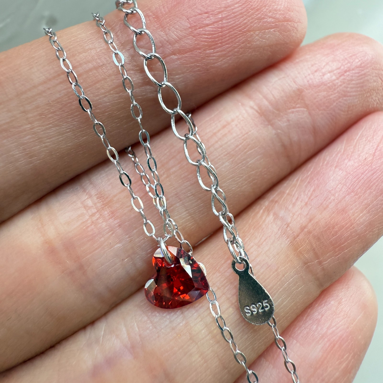 925 Sterling Silver Necklace 6mm Heart Red Natural Zircon Gemstone Chain Gift