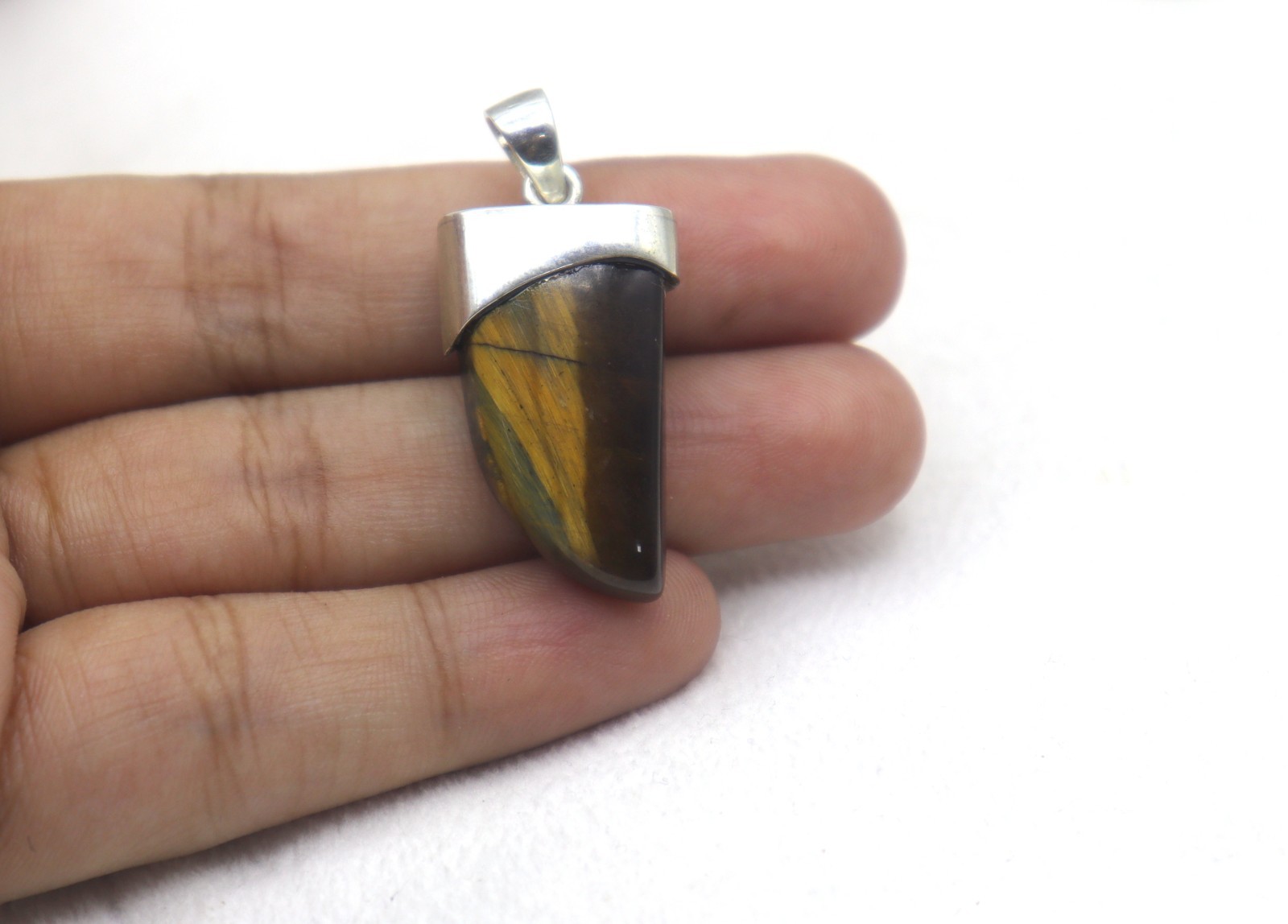925 Sterling Silver Natural Tiger Eye Brown Color Gemstone 1.3 Inch Pendant