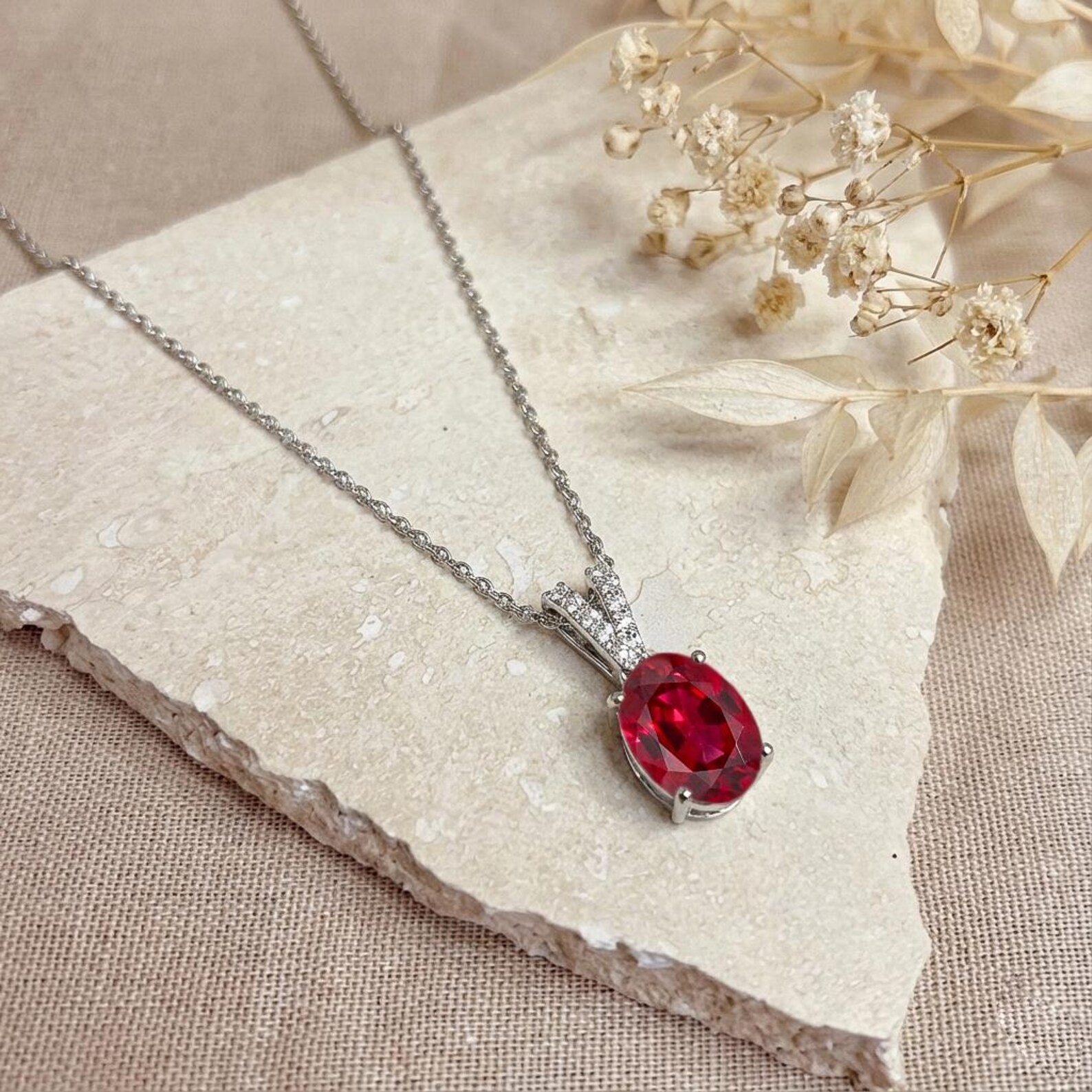 3.20 Ct Oval Cut Natural Ruby Diamond Gorgeous Pendant 14K White Gold