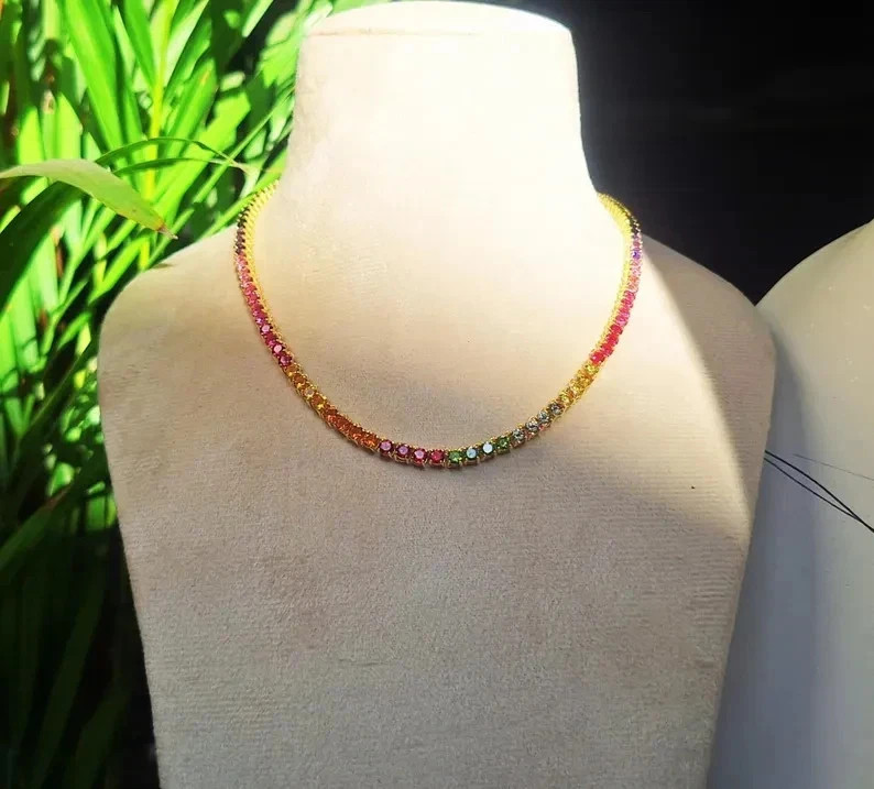 4MM Round Cut Lab Created Rainbow Sapphire Tennis Necklace 14k Yellow Gold Over