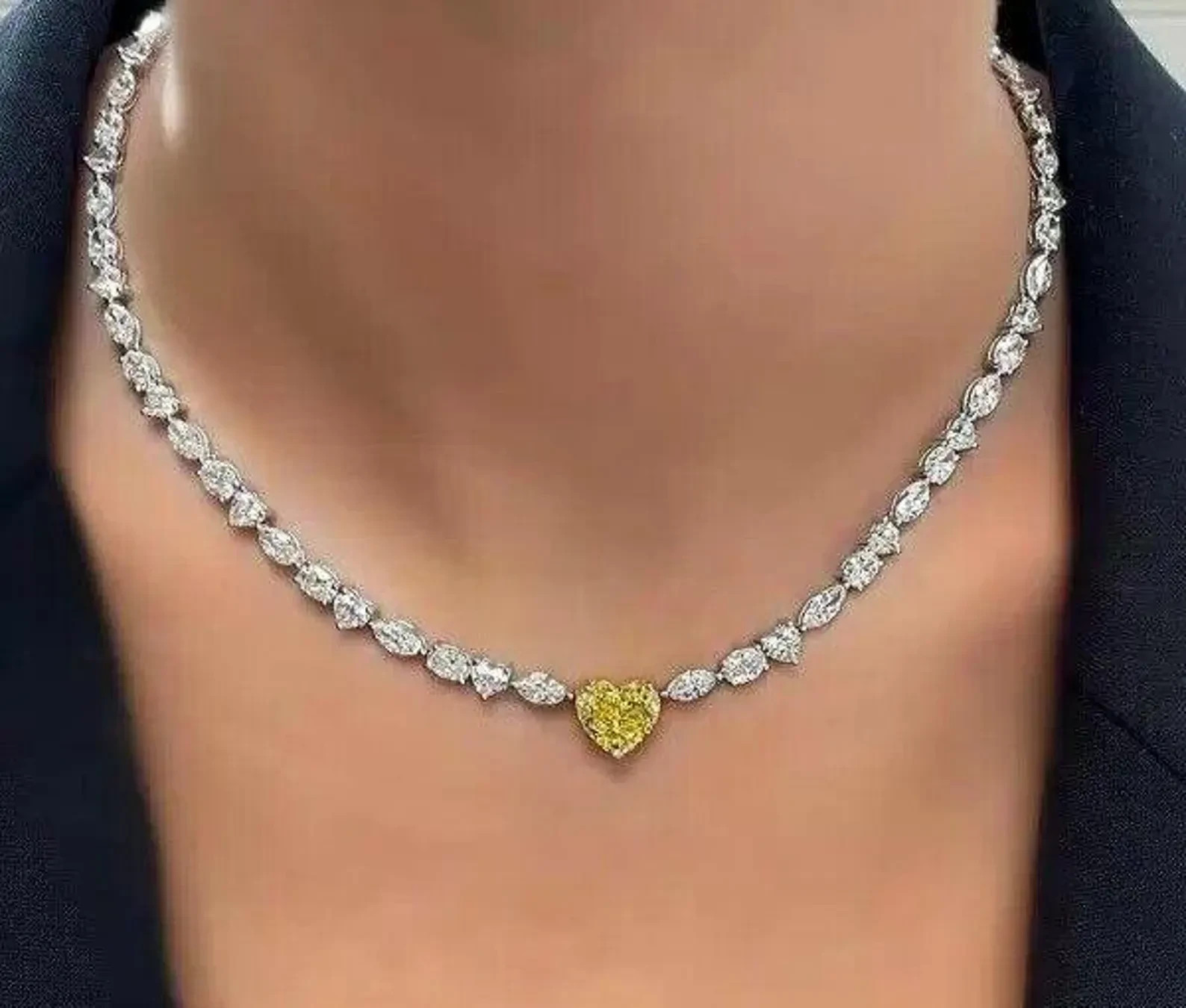Multi-Shaped Canary Yellow & White Diamond 14K White Gold Over Tennis Necklace