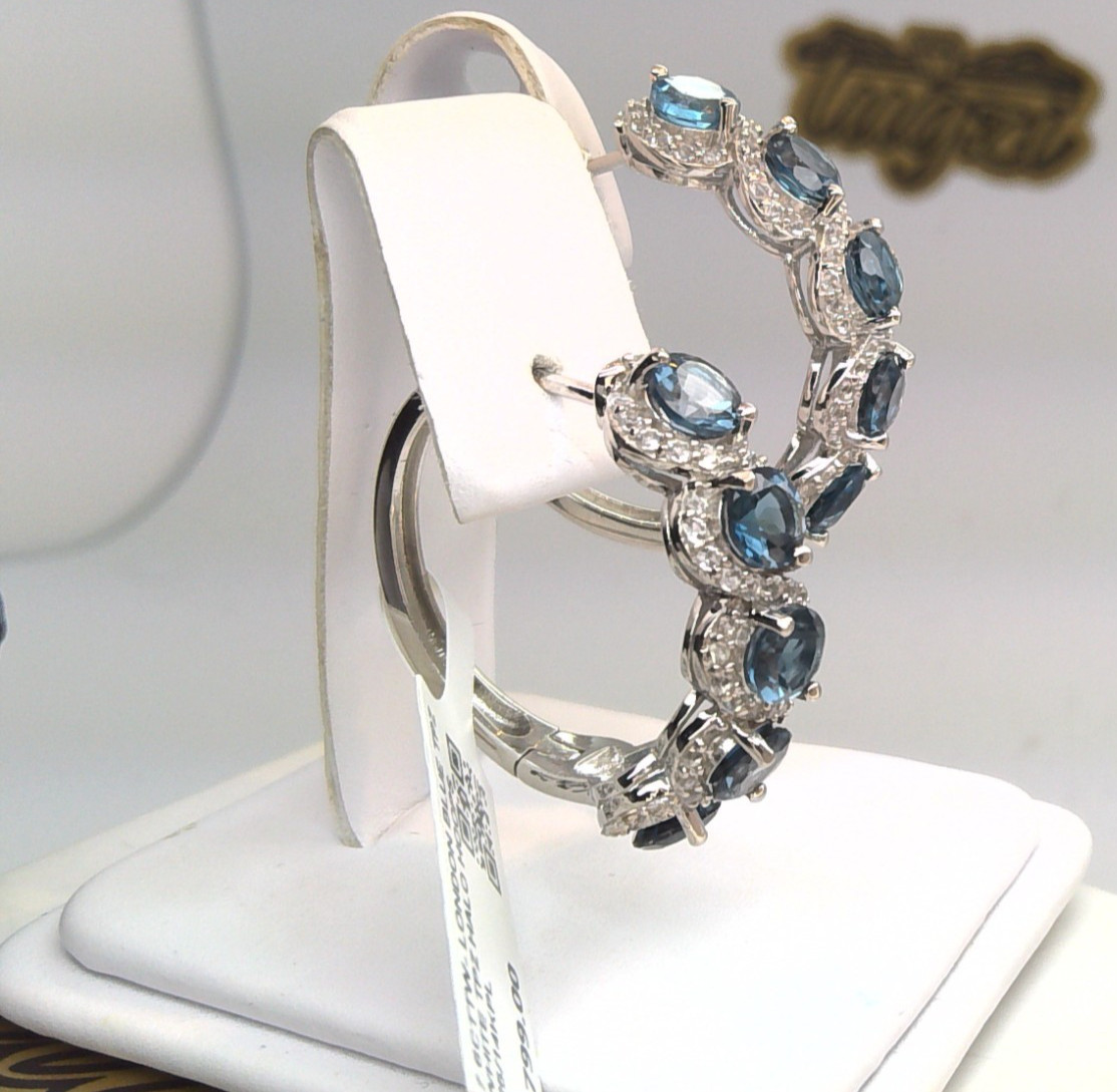 7.6CT NATURAL LONDON BLUE TOPAZ/WHITE TOPAZ SOLITAIRE HOOP EARRINGS SS/14KPL 925