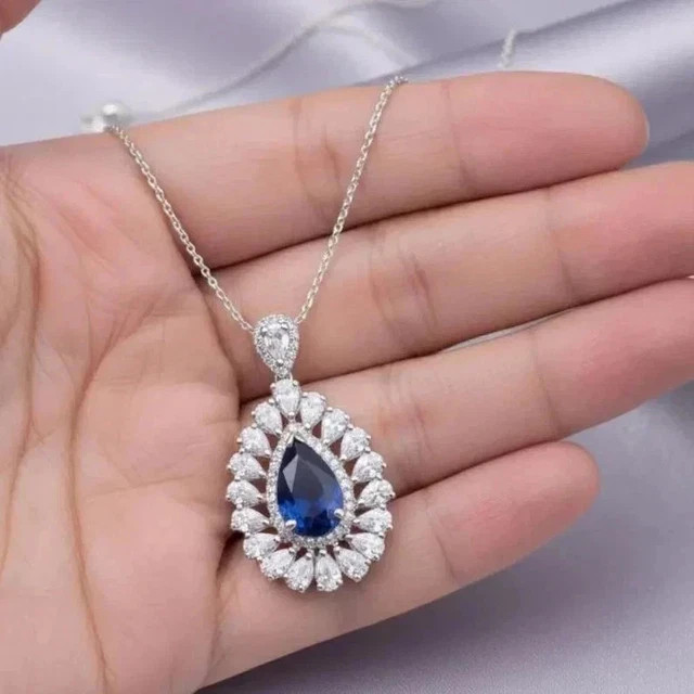 2.80Ct Pear Cut Lab-Created Blue Sapphire Women’s Pendant 14K White Gold Plated