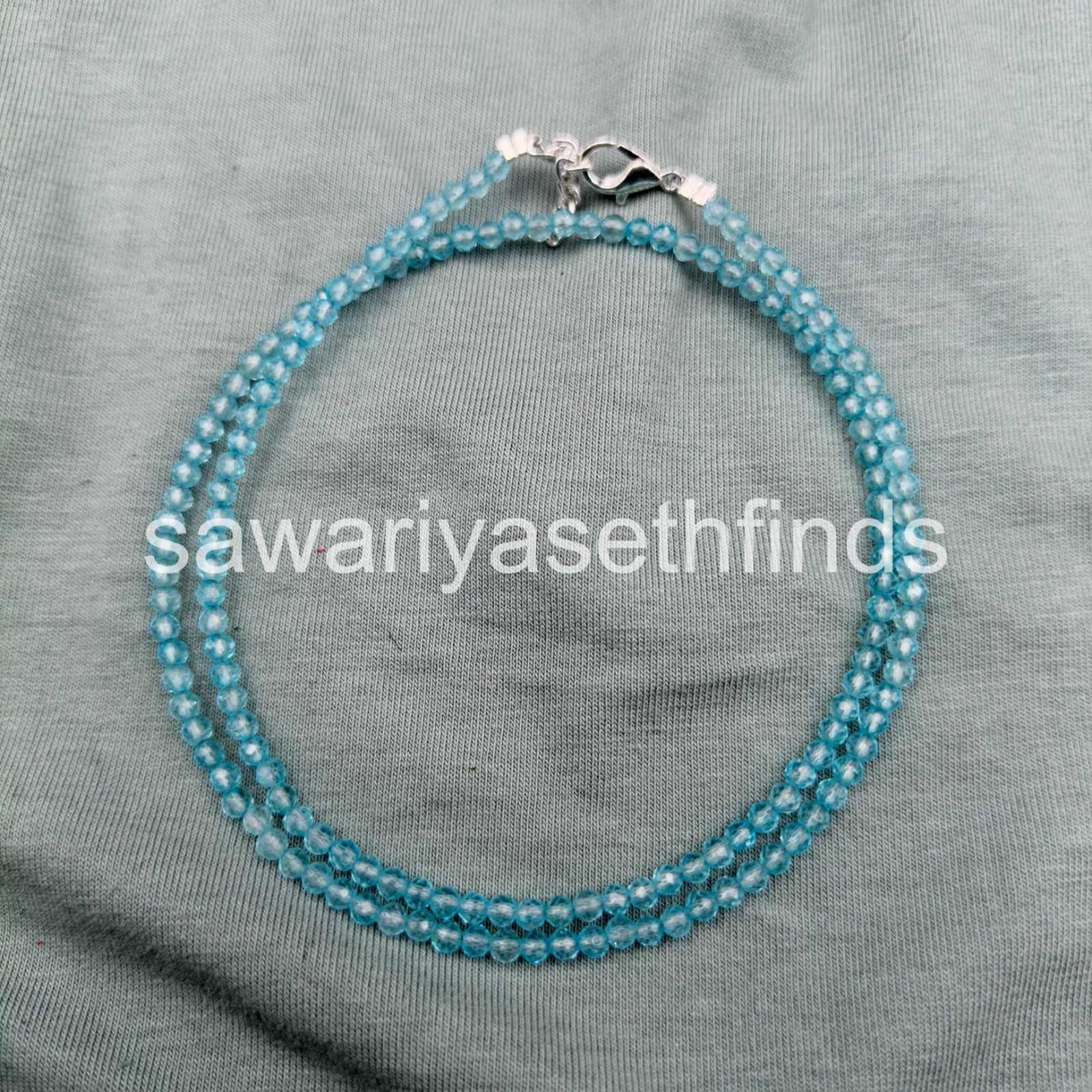 Faceted Blue Topaz 3mm Beaded Necklace, Sterling Silver Clasp, Minimal Layering