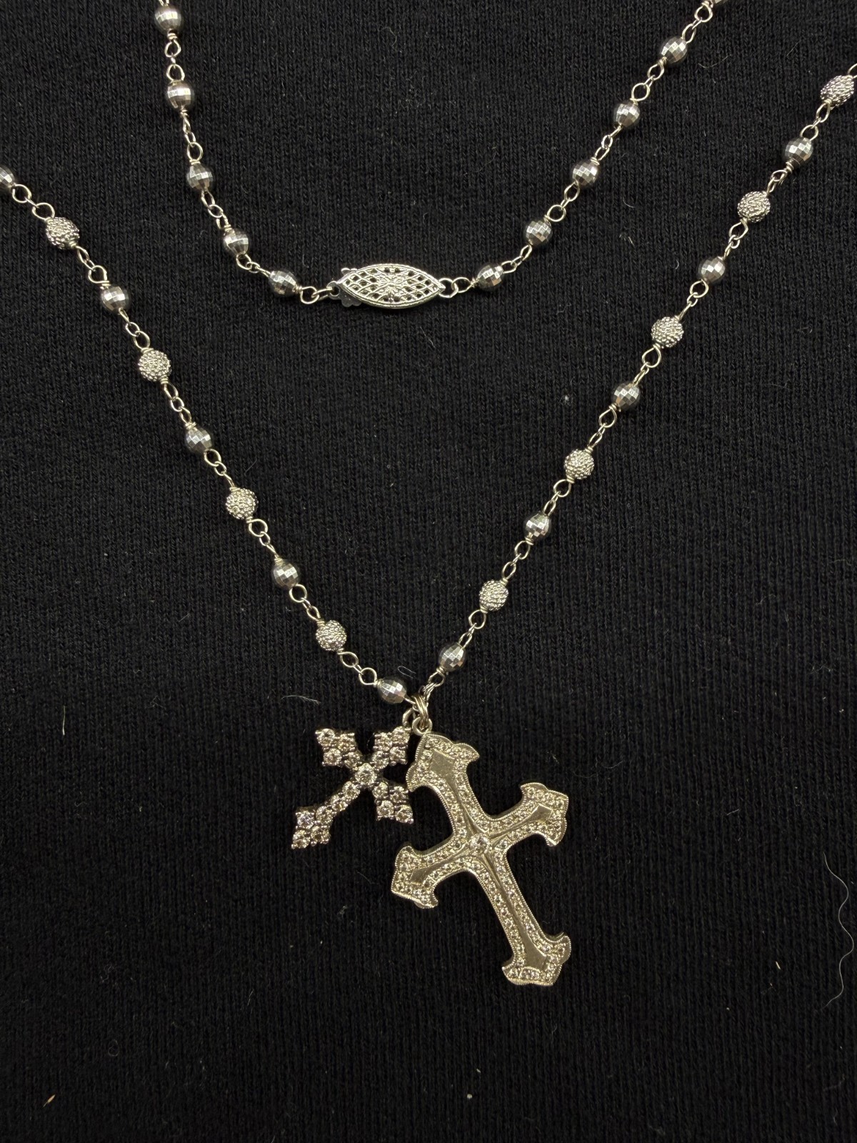 Devon Paige McCleary 14K Gold Diamond Double Cross Necklace Designer Signed