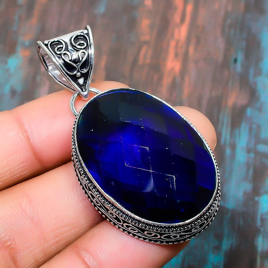London Blue Topaz Gemstone Handmade Gift Jewelry Pendant 2.05″ v464