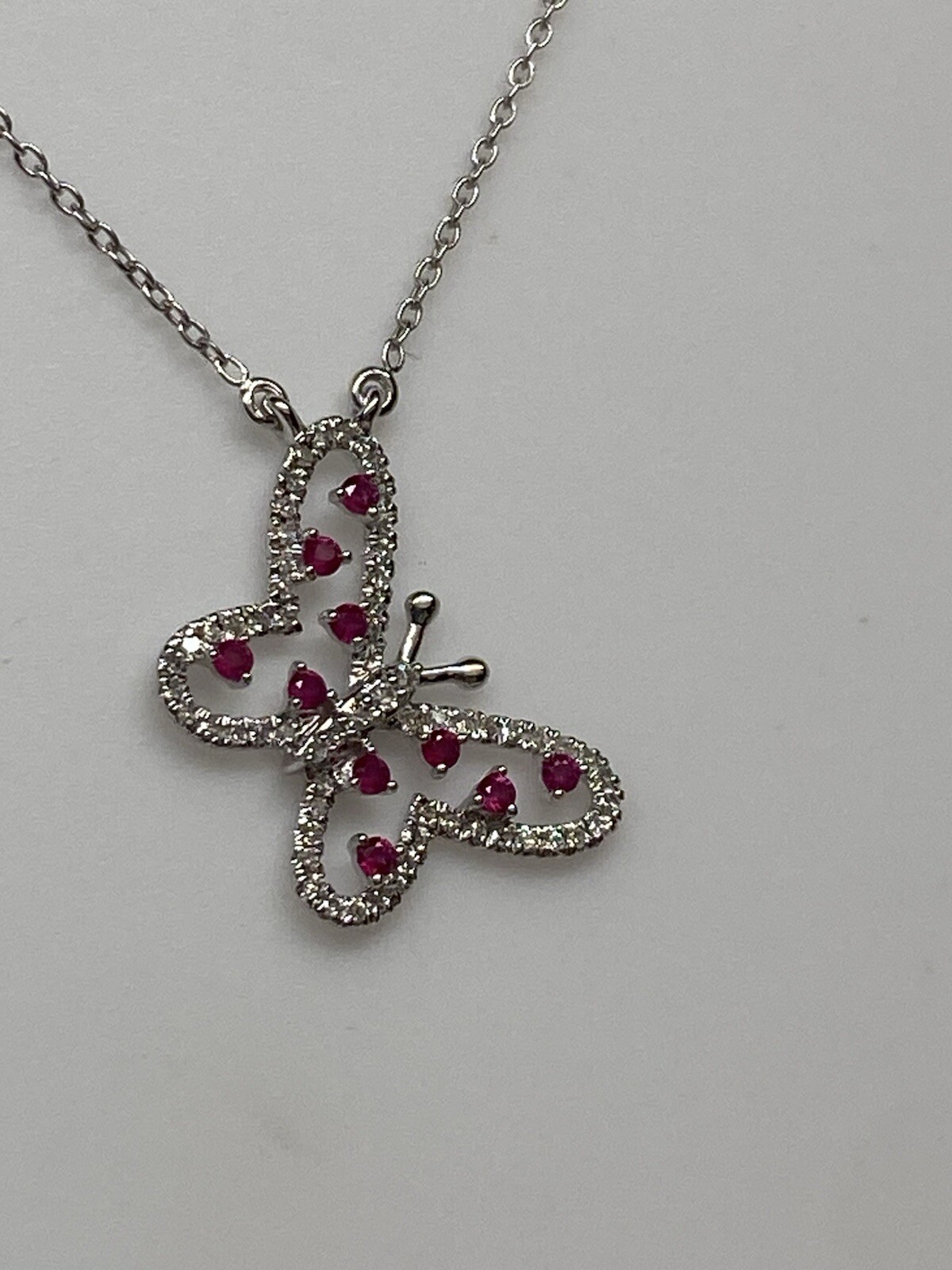 10K White Gold Natural Ruby and 0.20ct Diamond Butterfly Pendant and Chain NEW