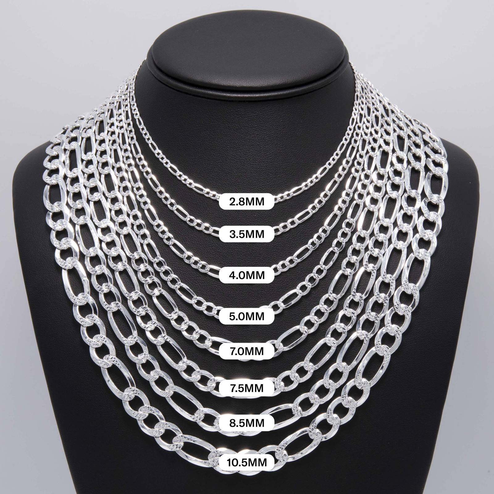 Diamond-Cut Reversible Figaro Chain Solid Sterling Silver 925 Italy All Sizes
