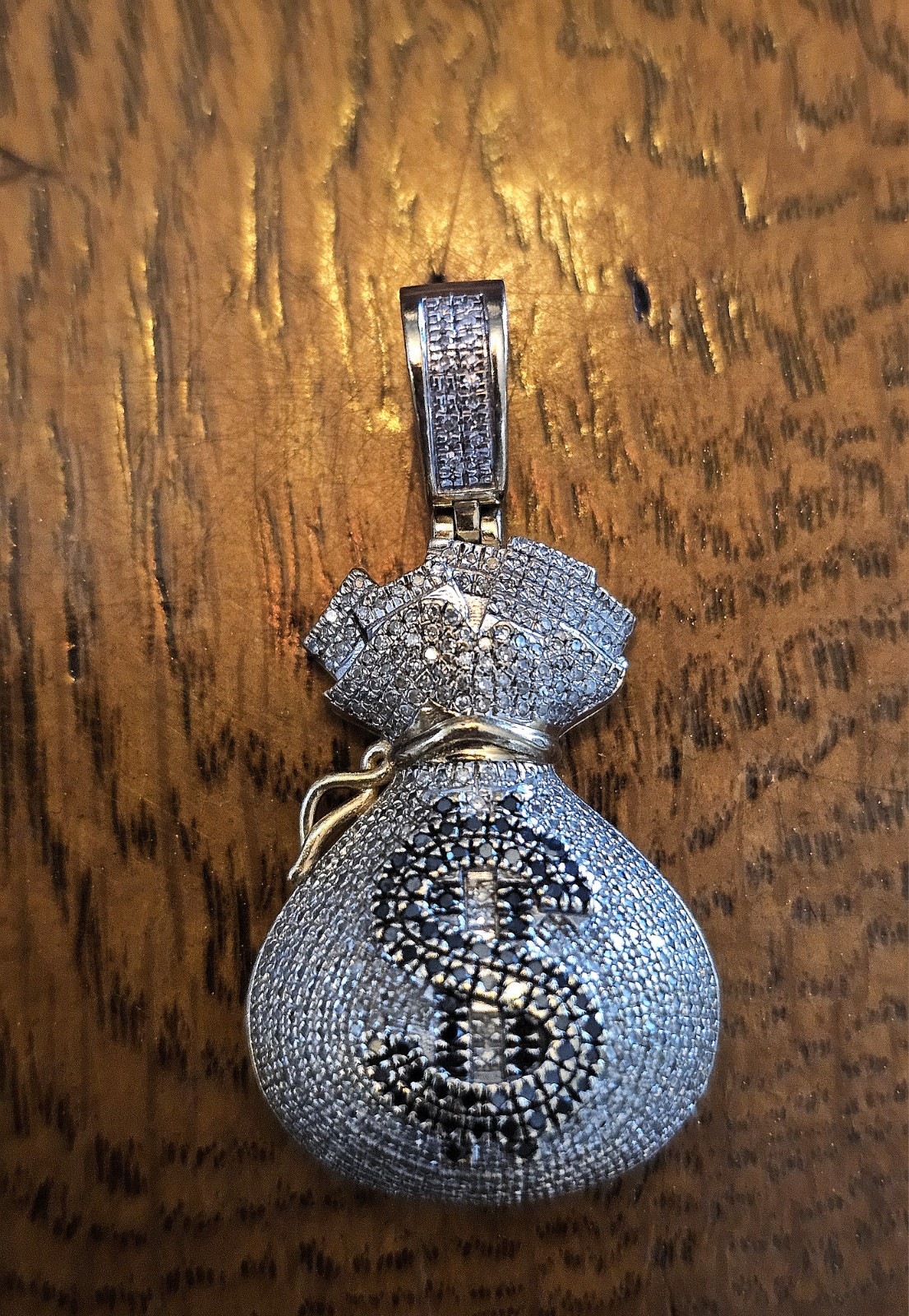 Men’s 10K Yellow Gold Natural Black & White Diamond Money Bag Pendant 7.5 Grams