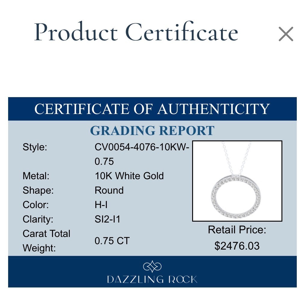0.75 CTW LAB-GROWN DIAMOND CIRCLE PENDANT | 10K WHITE GOLD | NWOT