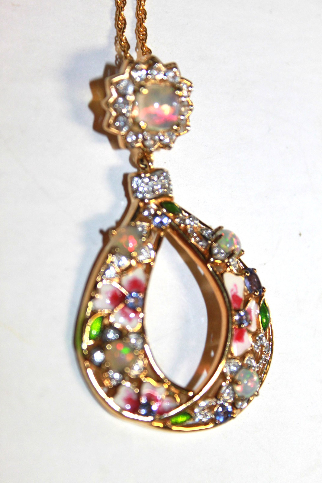 STS CHUCK CLEMENCY ENAMEL FLOWERS AND AMYTHEST AND OPAL STERLING SILVER NECKLACE