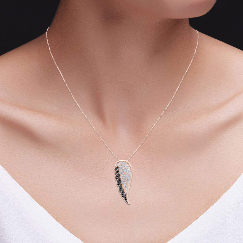 1/3ct White & Black Real Diamond Angel Wing Pendant Necklace 14K Gold, 18″ Chain