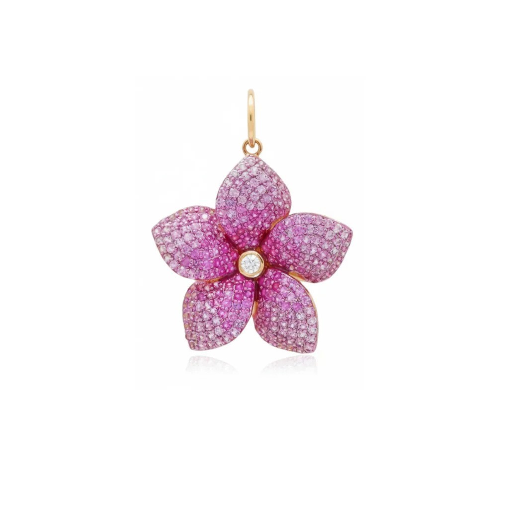 Natural Pink Sapphire Paved Diamond Flower Charm Pendant 14k Solid Gold Fine