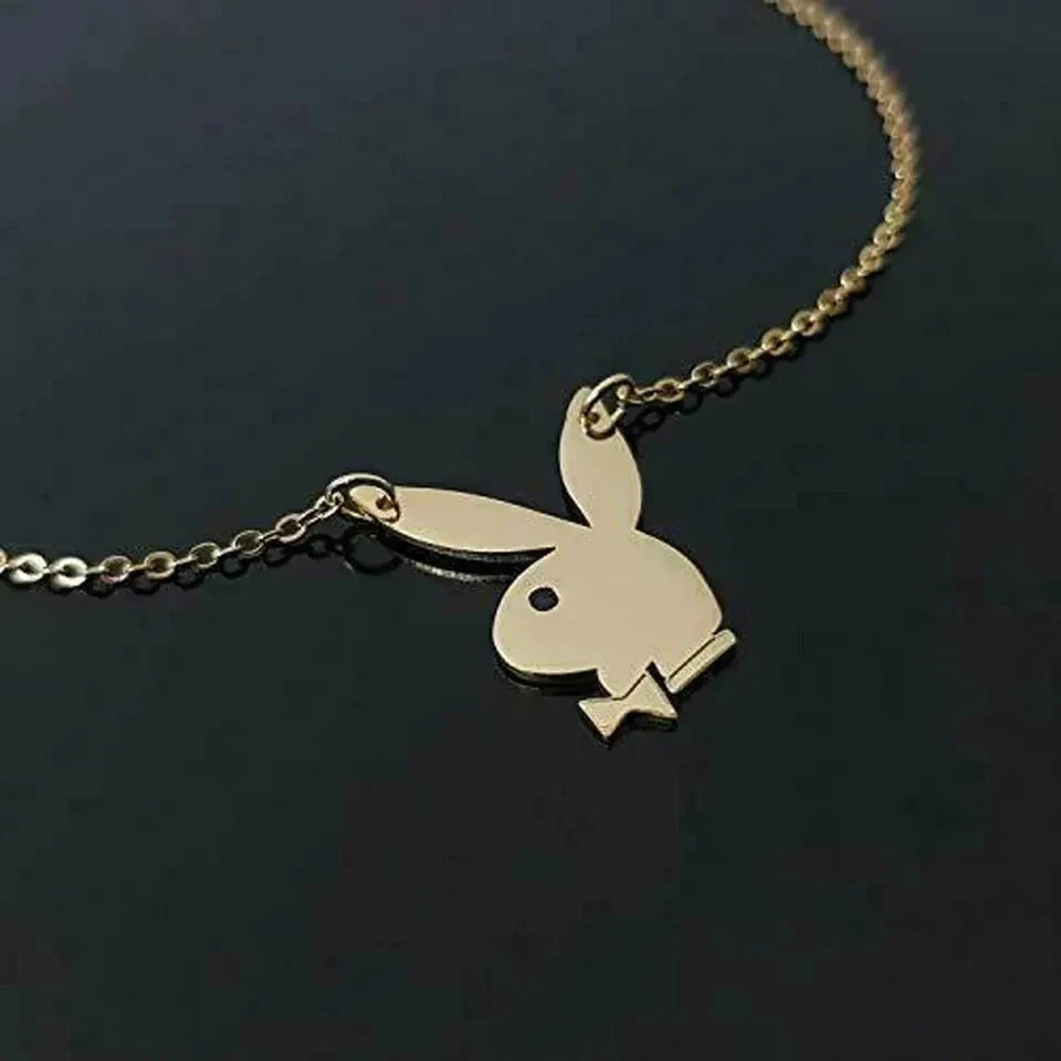 Playboy Bunny Charm Pendant Necklace 14K Yellow Gold Plated 925 Silver