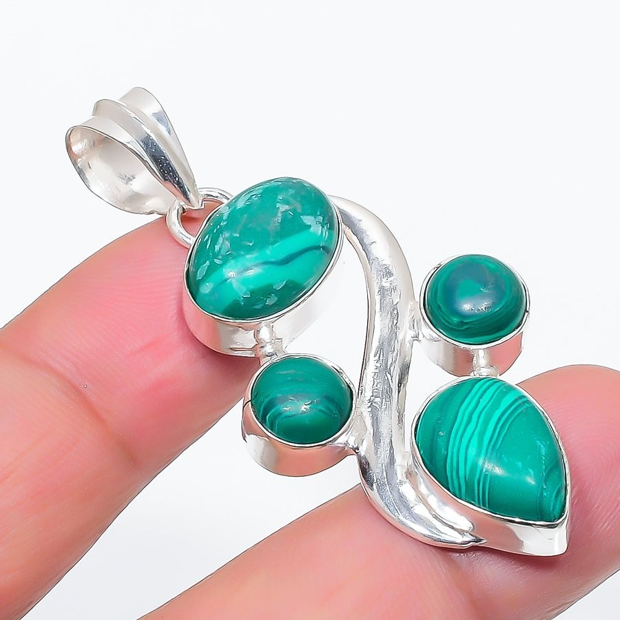 Green Malachite Gemstone 925 Sterling Silver Jewelry Pendant Size 2″ For Gift