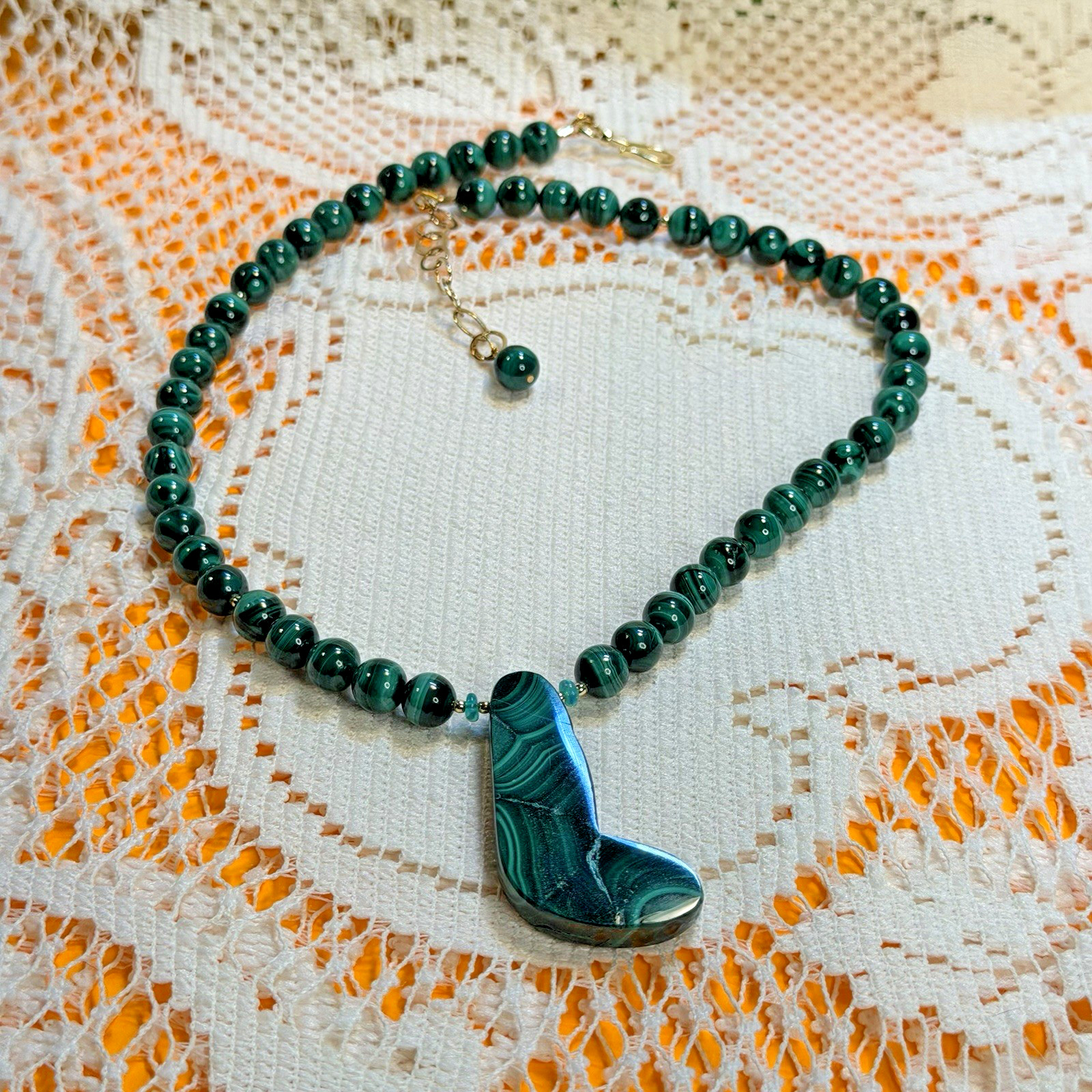 NATURAL EARTHY GREEN CURVED CRESCENT MALACHITE ARTISAN NECKLACE EARRING SET