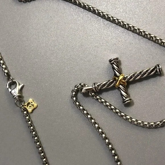 David Yurman Sterling Silver + 14k Gold Cross Pendant, DY 18-20” Necklace
