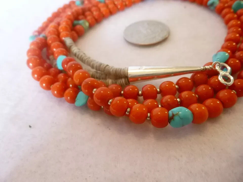 Coral/Turquoise Nuggets Native American Southwestern 925 Multi strand Necklace