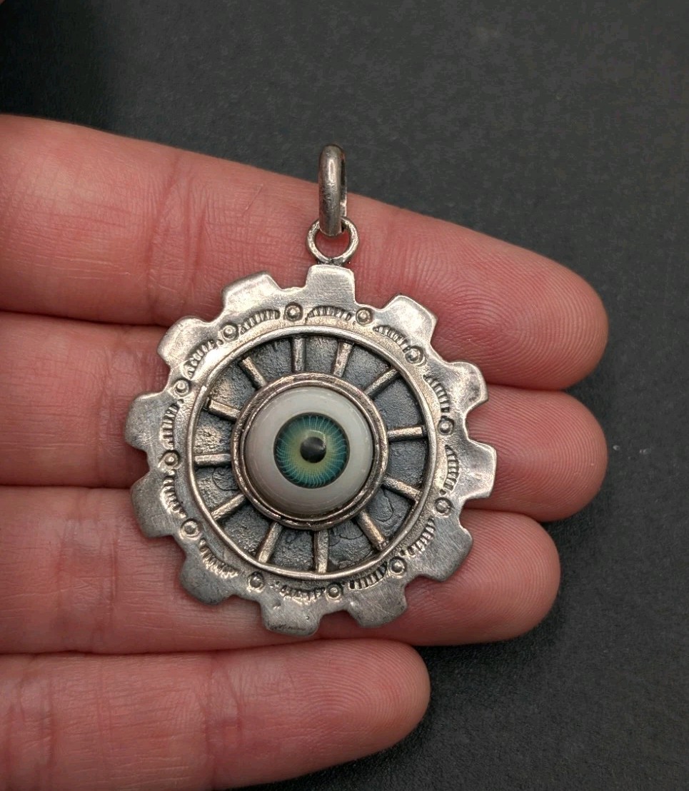 Sterling Silver 925 Evil Eye Good Luck Protection Stamped Steampunk Gear Pendant