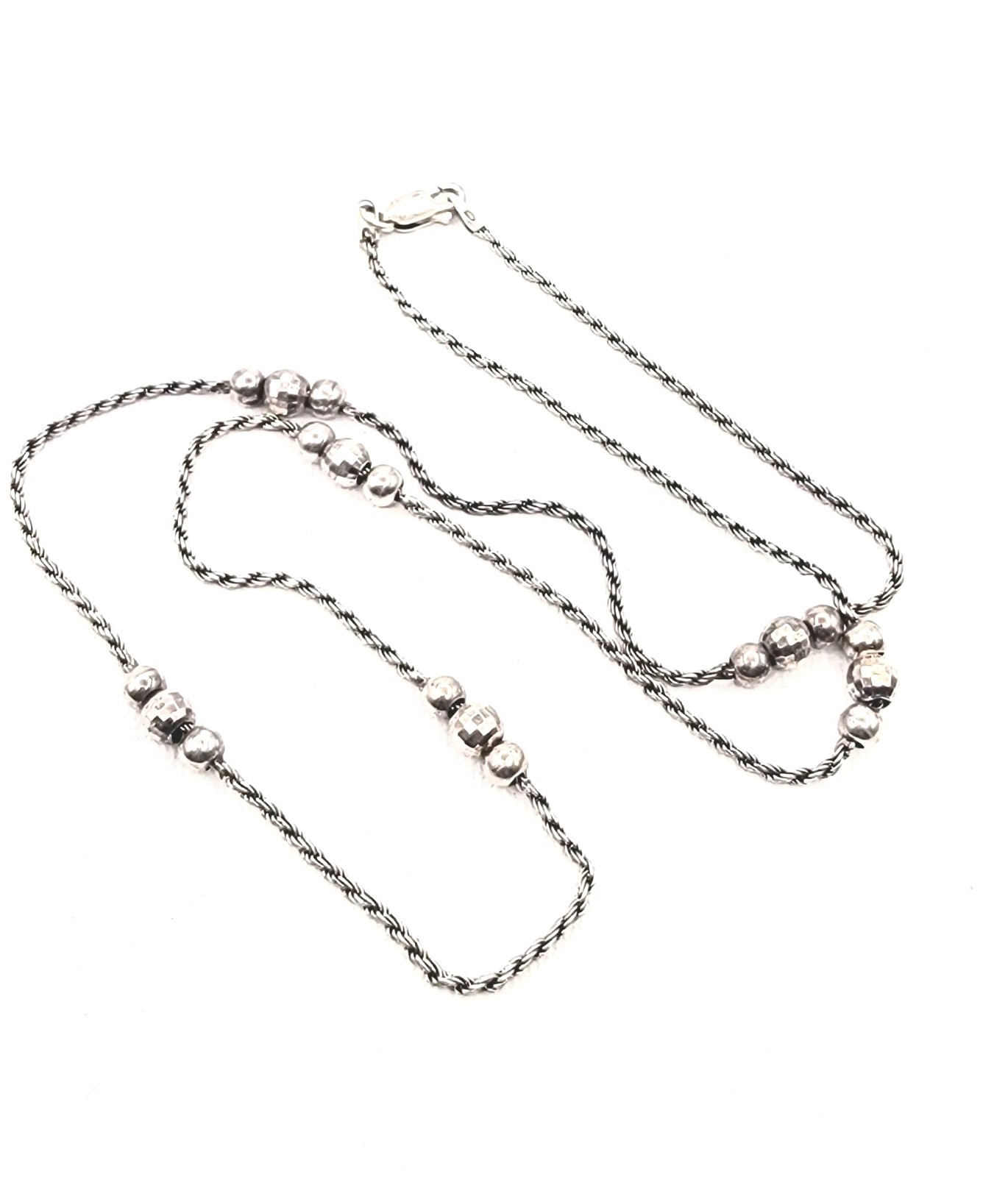 Sterling Silver Faceted & Polished Bead Station Necklace 20″ Textured Rope Chain