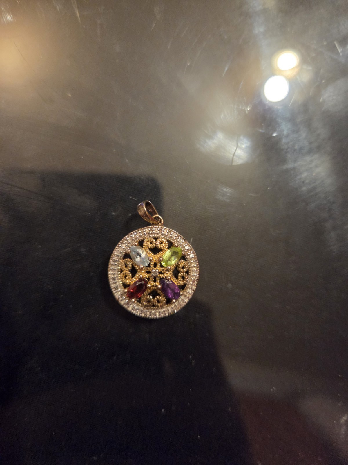 .Ross-Simons pendant features multi-color gemstones set in gold-plated sterling