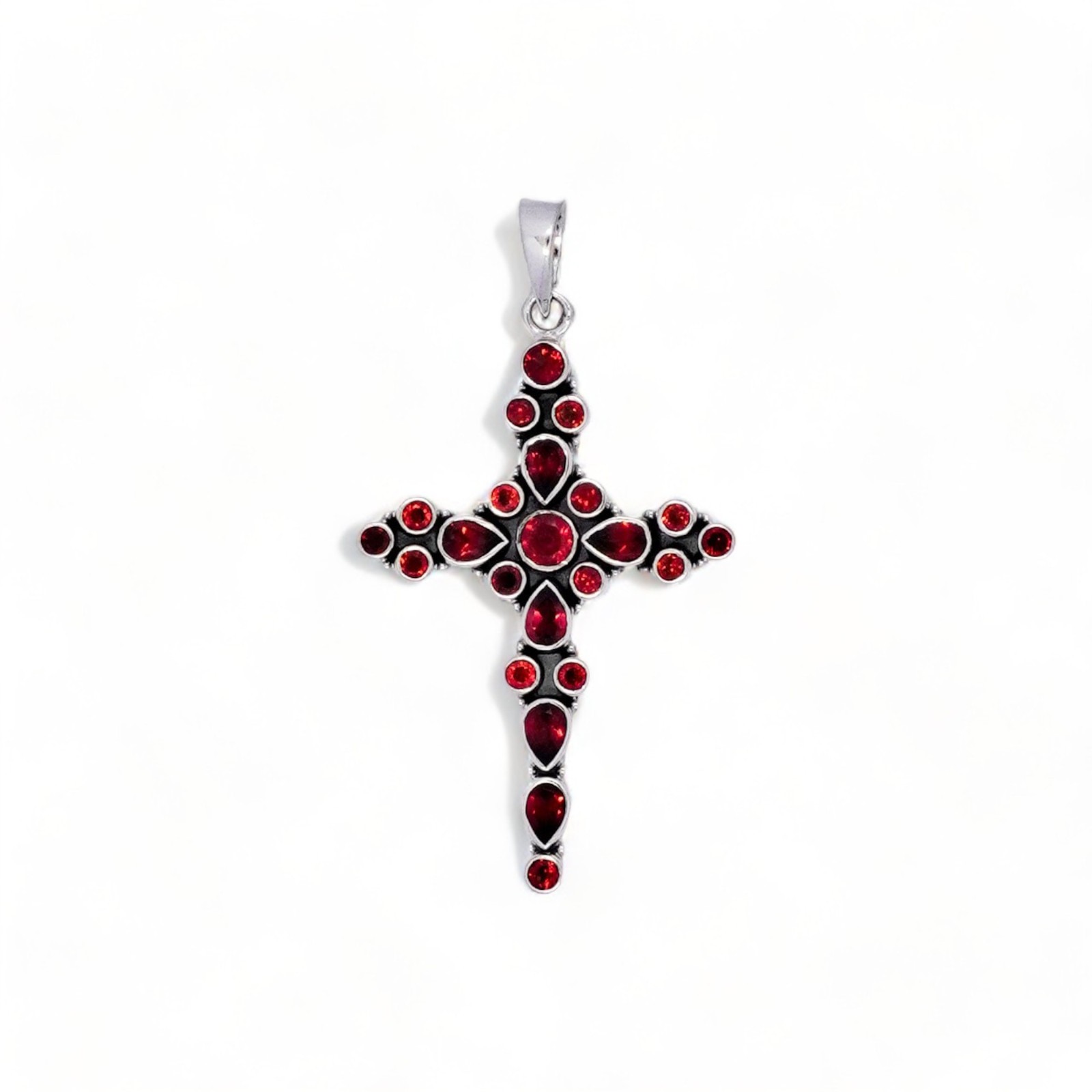 Natural Garnet Cross Pendant Sterling Silver 925 Christian Jewelry Gift
