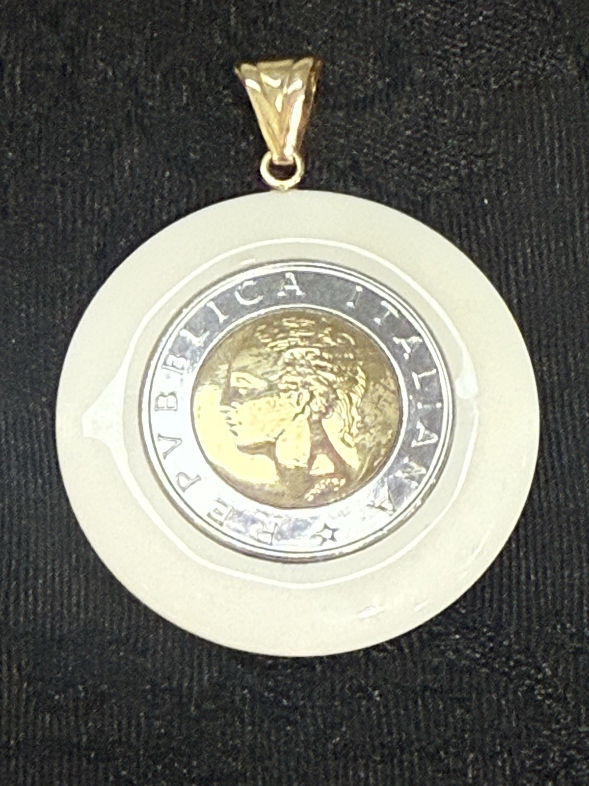 VTG Milor Italian 500 Lira Gold Coin Pendant w/ White Agate & 14K Gold Bail NEW
