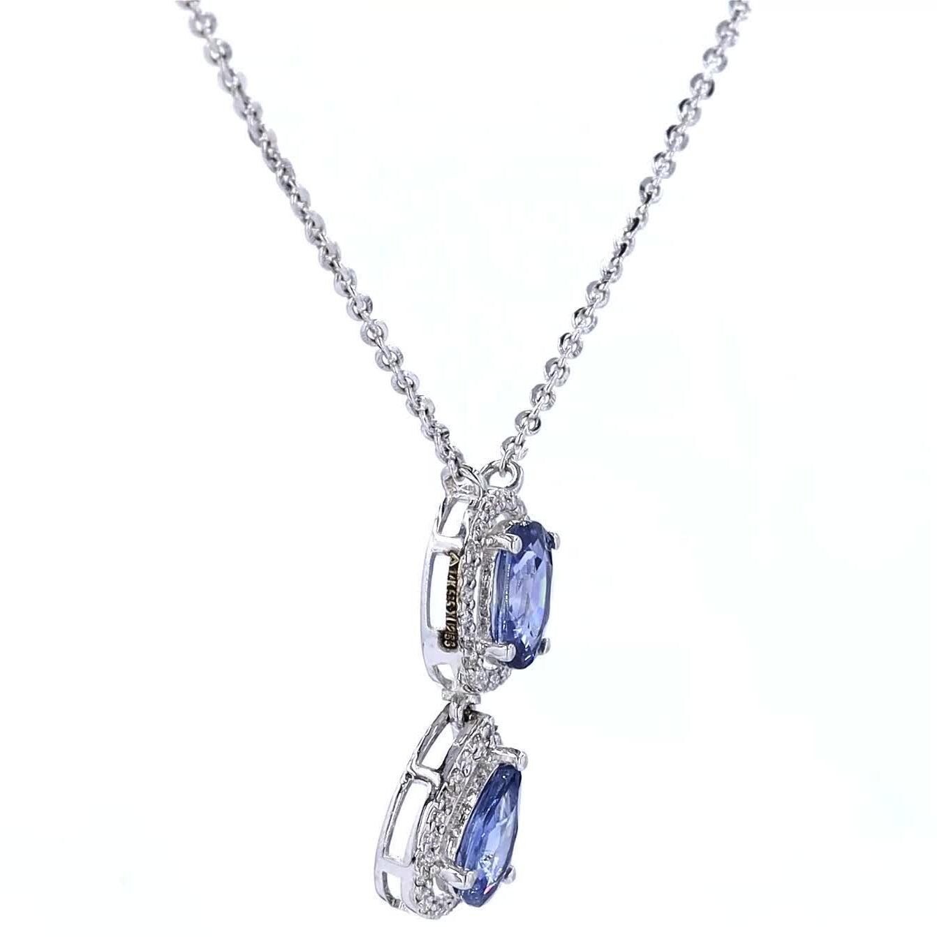 0.87ct Natural Sapphire Double Drop Pendant Necklace 14K Solid Gold Halo Pave