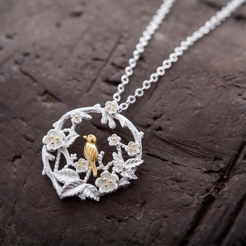 New 925 Sterling Silver Birds on Branch Pendant Necklace for Women Jewelry Gift