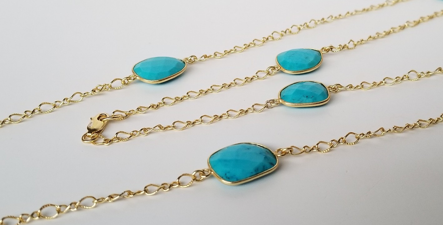 Natural Blue Gemstone, Gold over 925 Sterling Silver Station Necklace 36 In