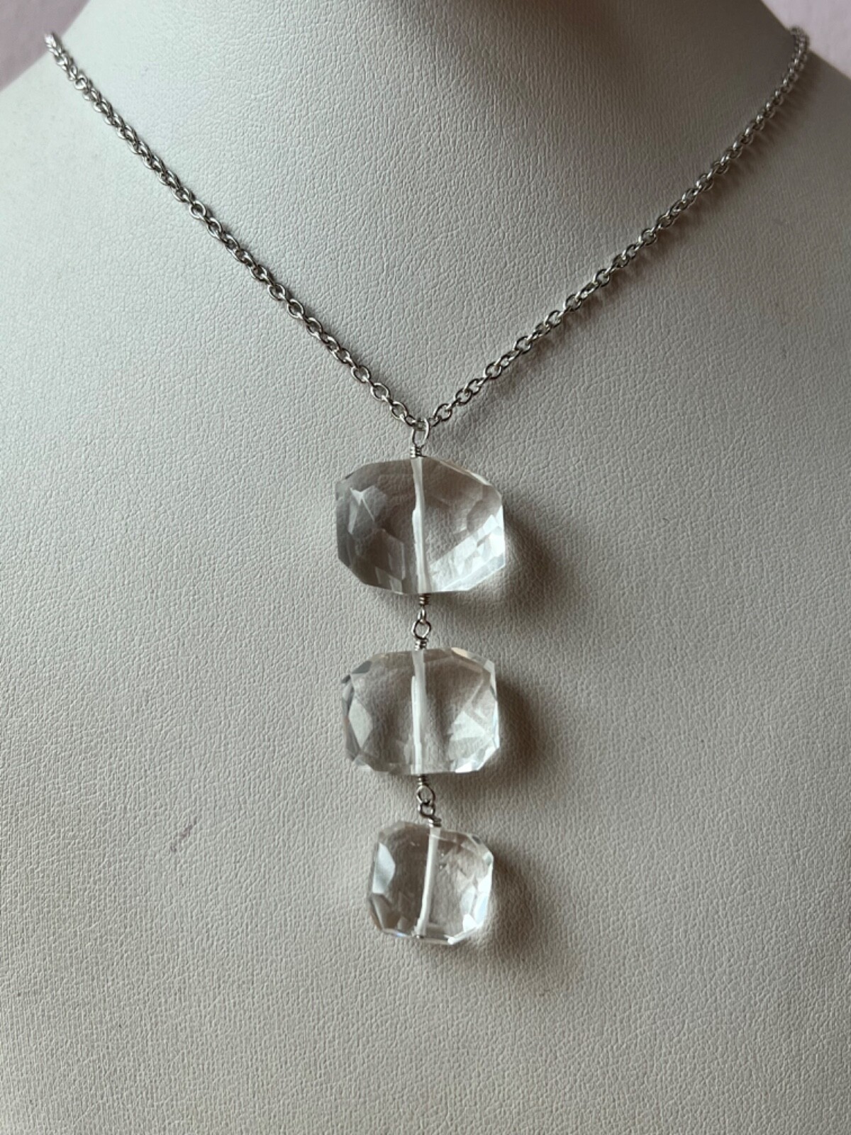 ARTISAN ROCK CRYSTAL CLEAR COLORLESS QUARTZ LONG NECKLACE 925 STERLING DESIGNER