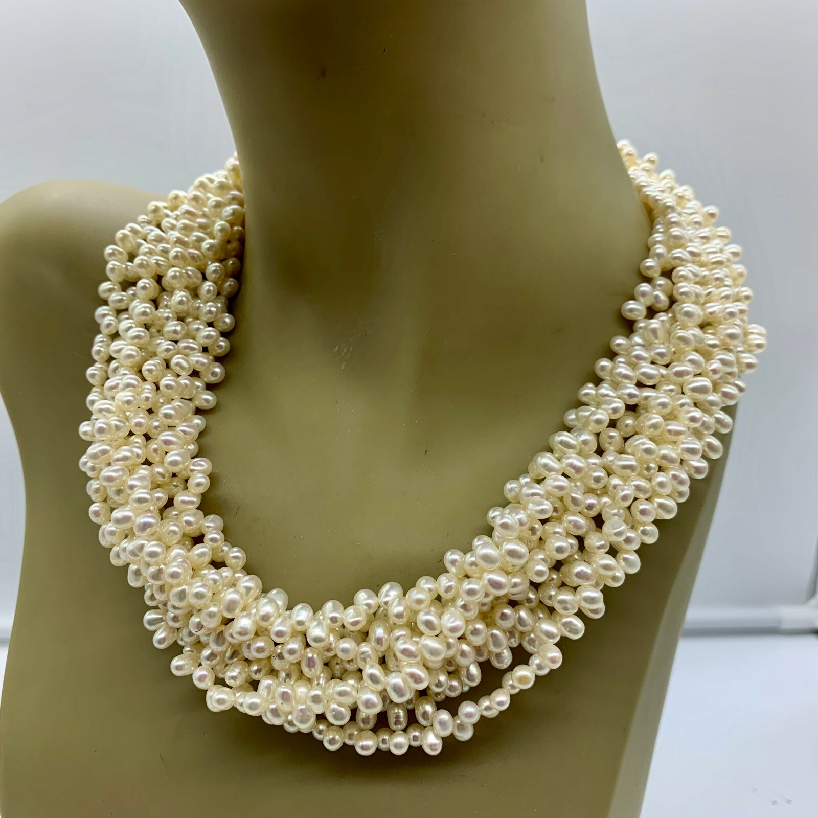 ESTATE STERLING SILVER CULTURED WHITE FRESHWATER PEARL 8 ROW STATEMENT NECKLACE