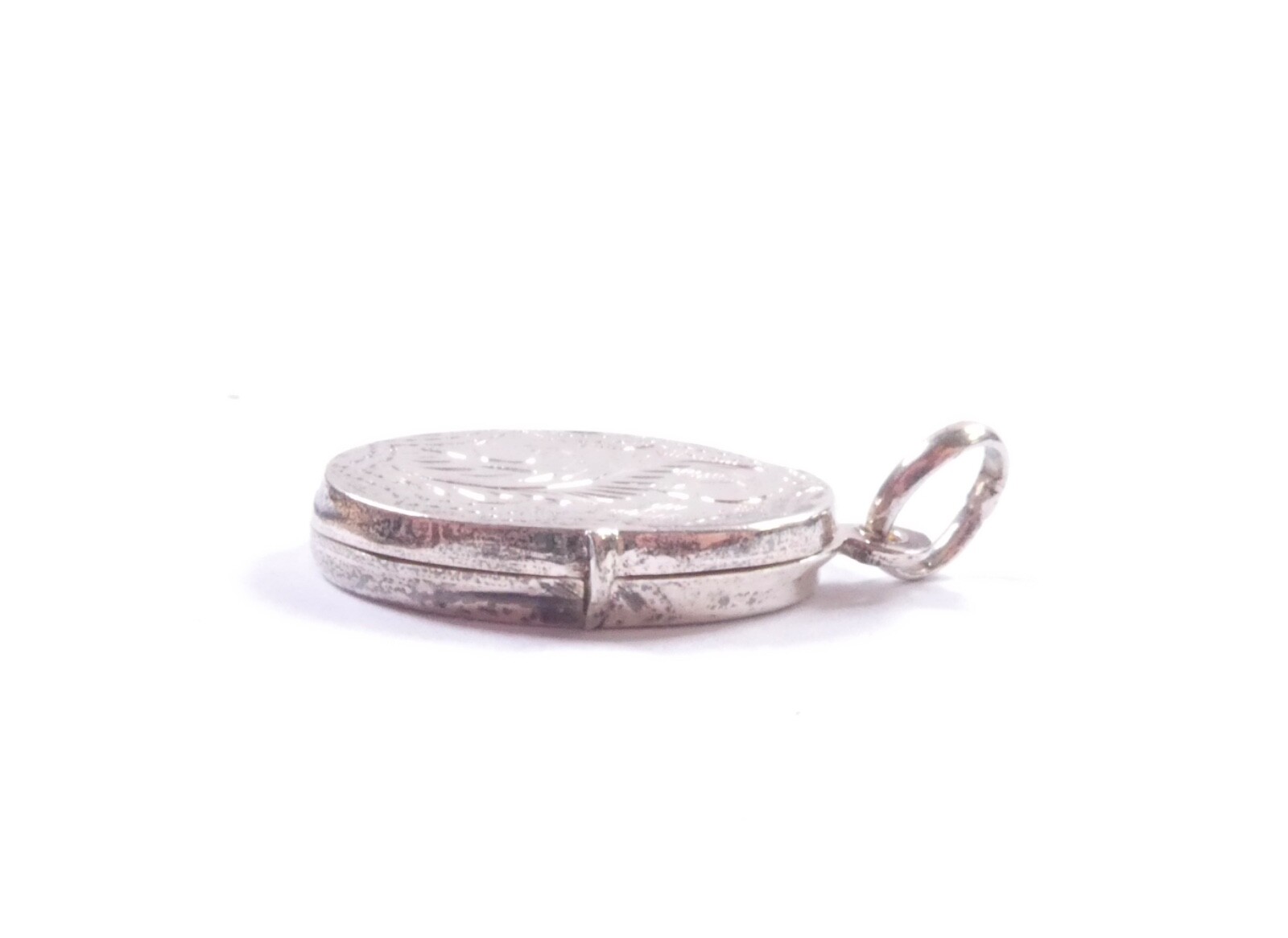 Oval Locket Pendant Chased Flat Design Double Sided 925 Sterling Silver 2.7g