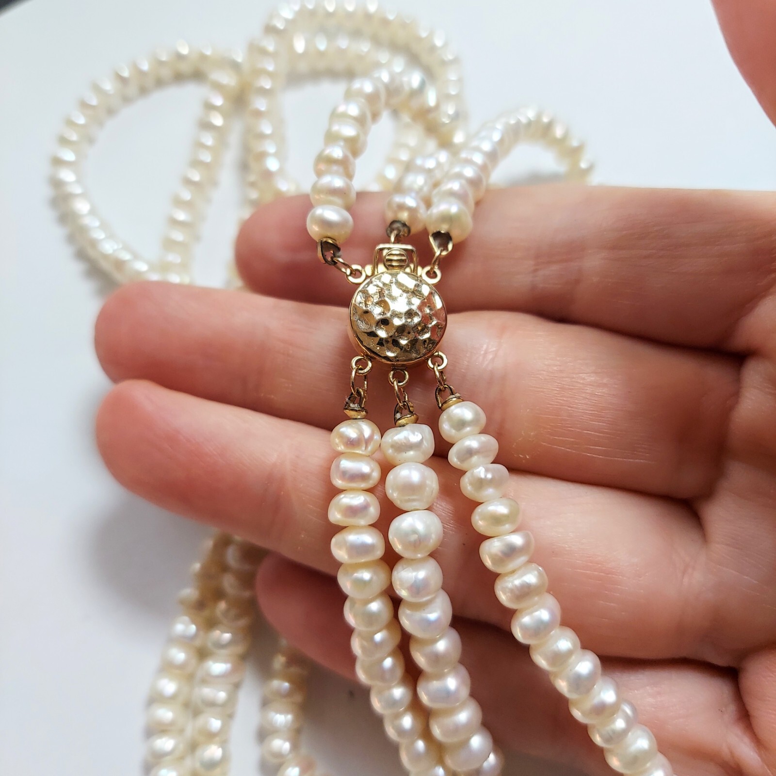 Triple Strand White 6mm Freshwater Pearl Necklace w 14kt Gold Round Box Clasp