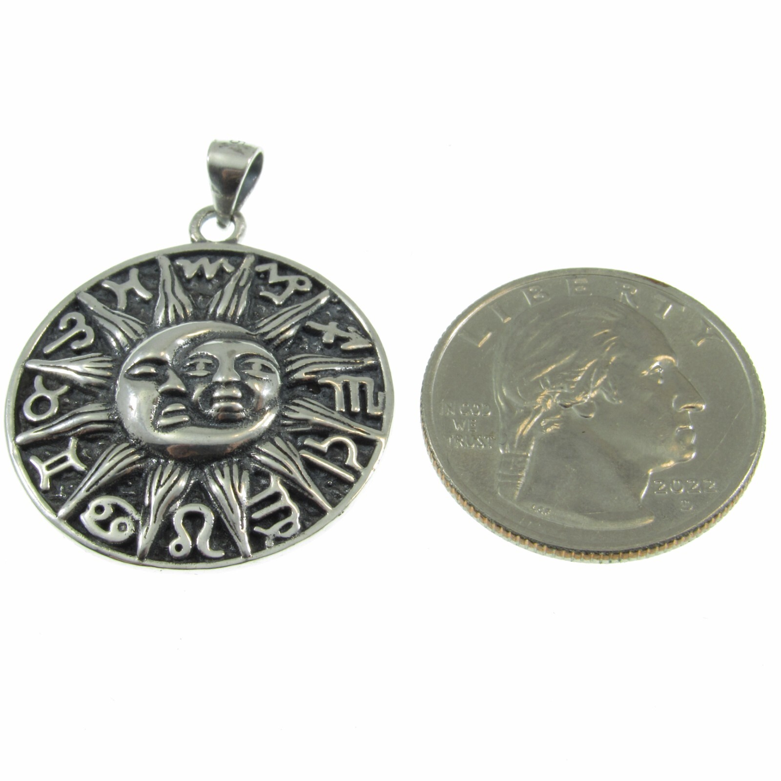 Solid 925 Sterling Silver Zodiac Wheel Moon & Sun Faces w/ Runes Pendant