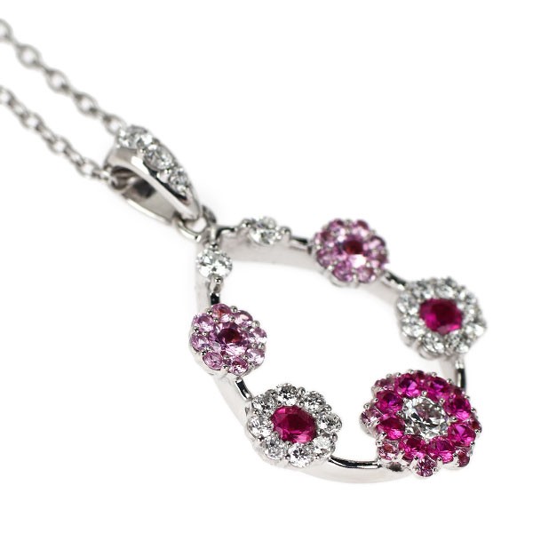 K18WG ruby pink sapphire diamond pendant necklace D0.35 R0.20ct PS0.20ct flower