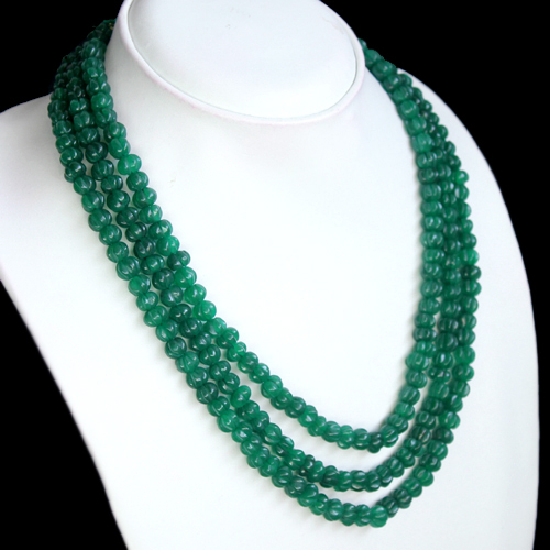 WONDERFUL DESIGN 429.00 CTS NATURAL CARVED 3 STRAND GREEN EMERALD BEADS NECKLACE