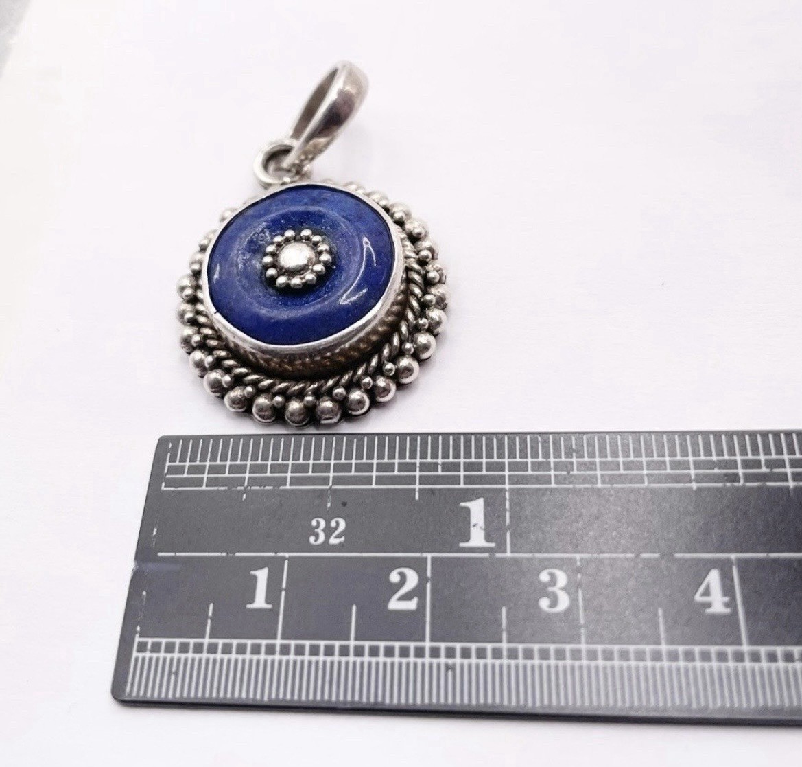 925 Sterling Silver Round Blue Stone Pendant Charm Signed Silver Blue