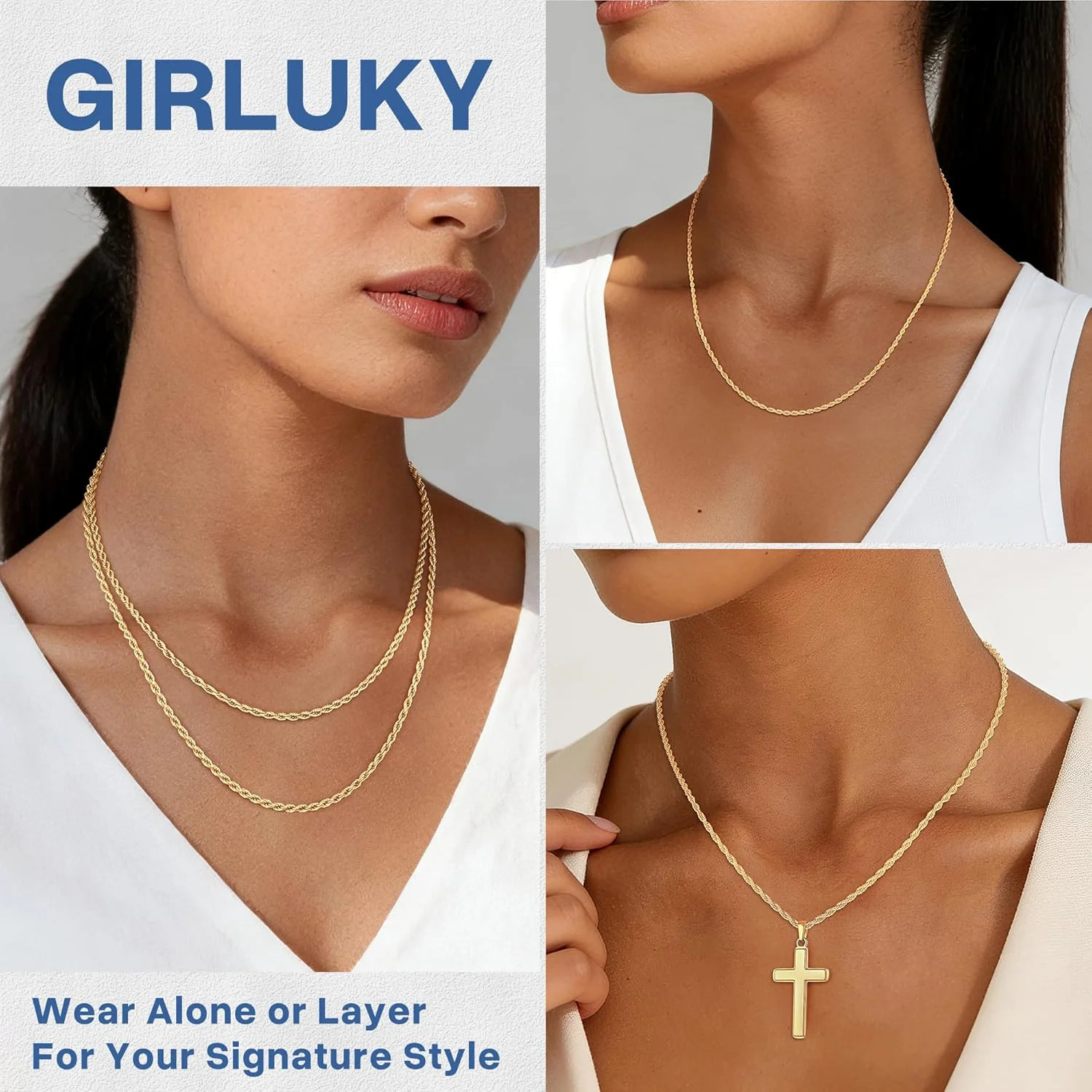 2mm Rope Chain 925 Sterling Silver Chain Necklace for Women, 14K Gold Plated Cha