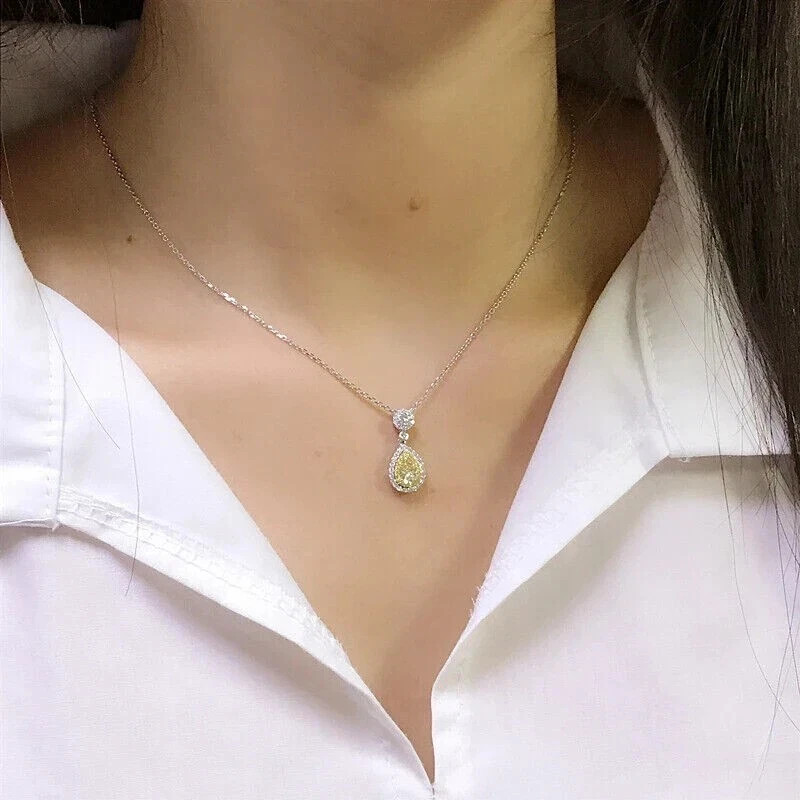 2.00Ct Pear Cut Lab Created Citrine Teardrop Halo Pendant 14K White Gold Plated