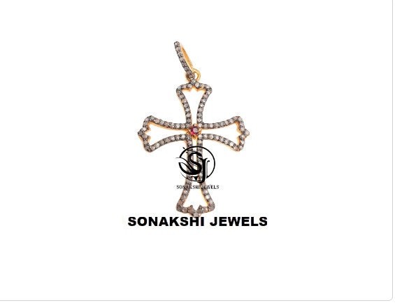 Vintage Sterling Silver 925 Cross Pendant: Diamond & Ruby Pendant