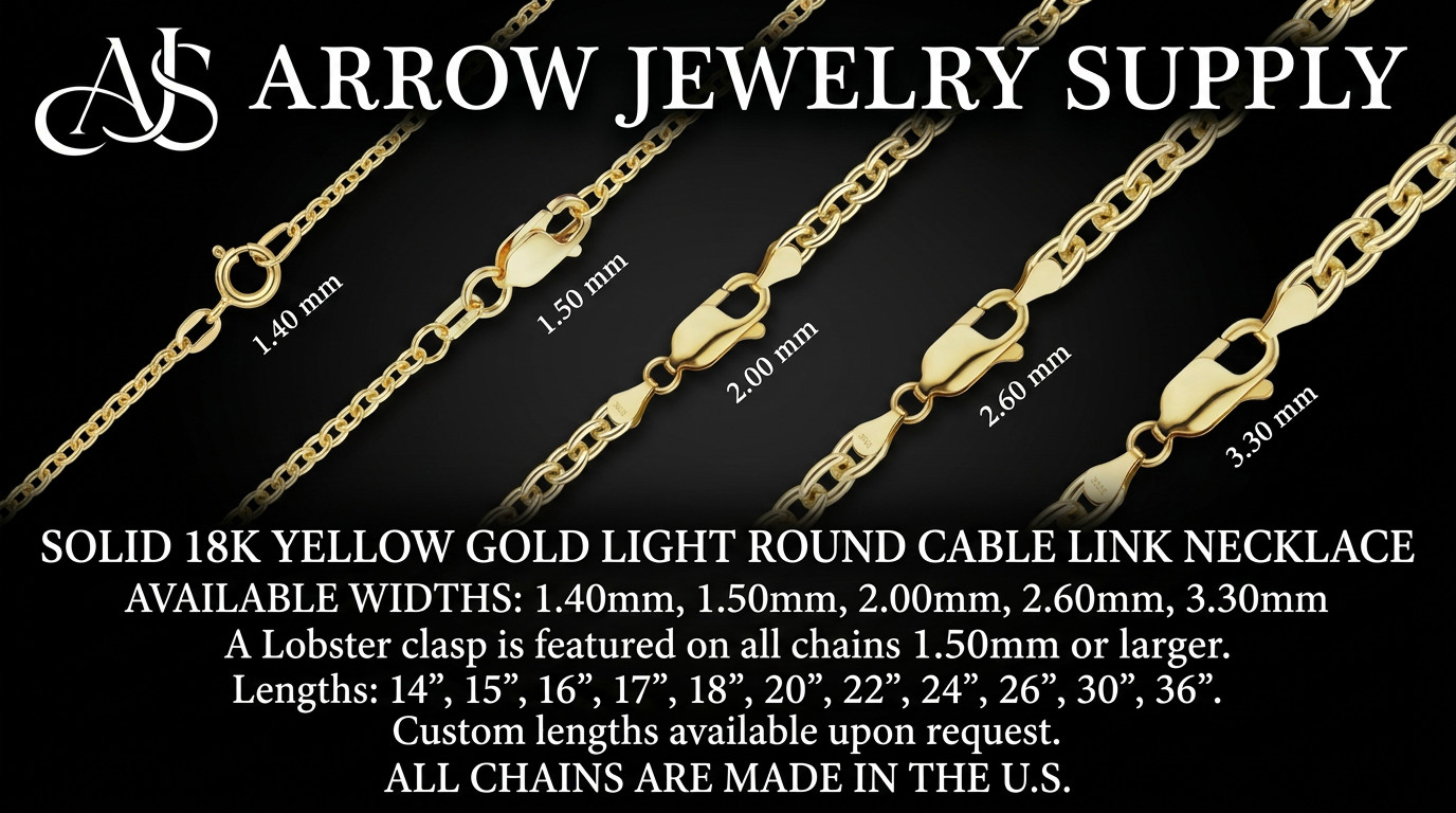 18K Yellow Gold Solid Light Round Cable Links Necklace Chain