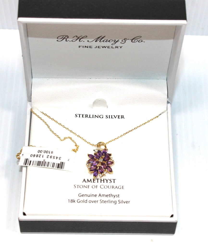 New 18K Gold Cluster Amethyst Diamond Necklace Modern NWT Tear Drop 18″ #121